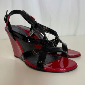 Stuart Weitzman Red and Black Wedges 9.5 Vintage Patent Leather